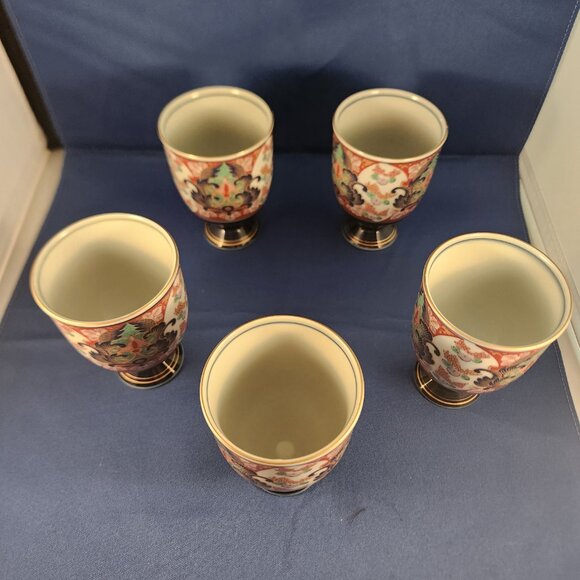 Arita Japanese Teacups Footed Yunomi Cobalt Blue Gold Trim Tea Cups Set 5 Imari - Picture 6 of 10